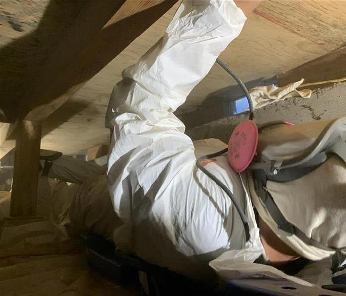 Technician in white suit and full face mask sending subfloor in crawlspace